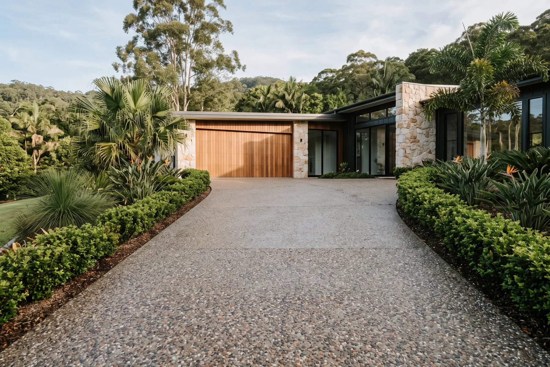 After: an exposed aggregate concrete driveway pressure washed and sealed, with the timber garage door restored
