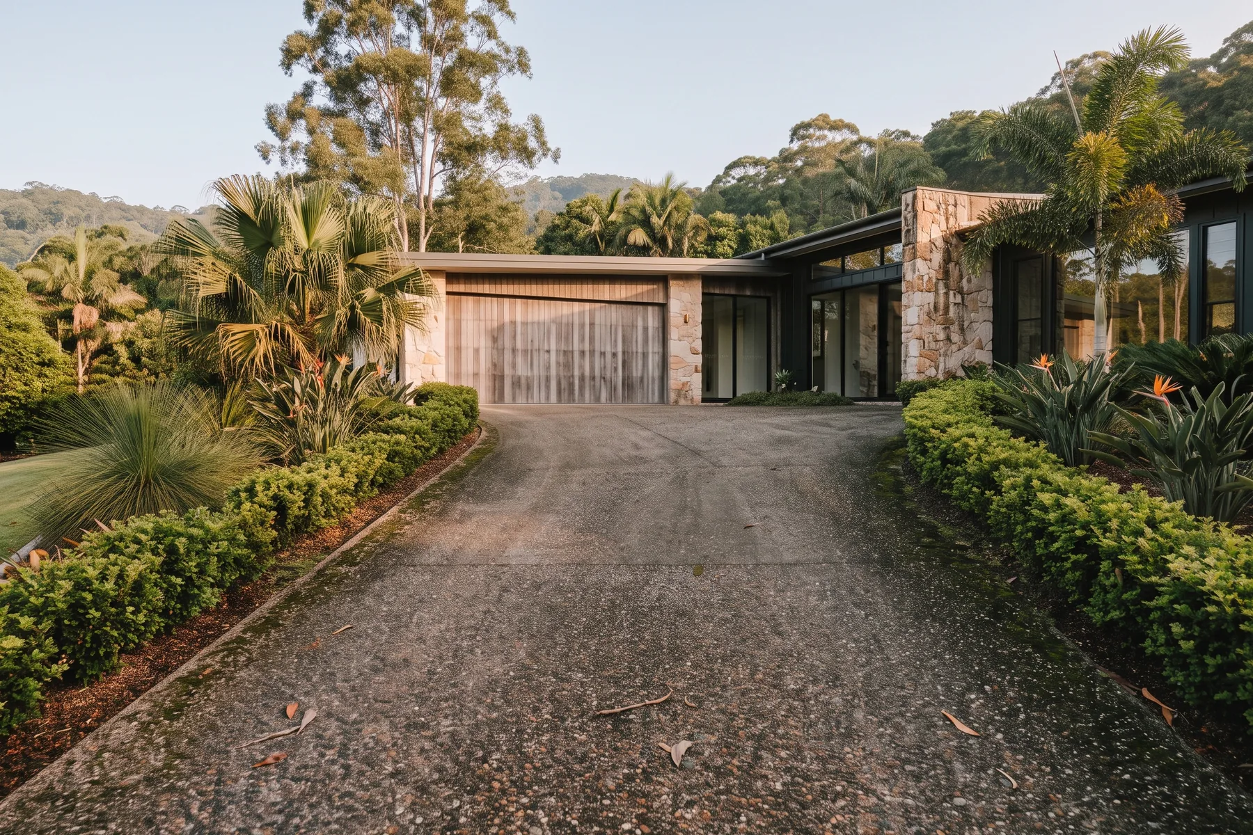 Before: an exposed aggregate concrete driveway darkened by mould, algae and dirt, leading to a weathered timber garage door