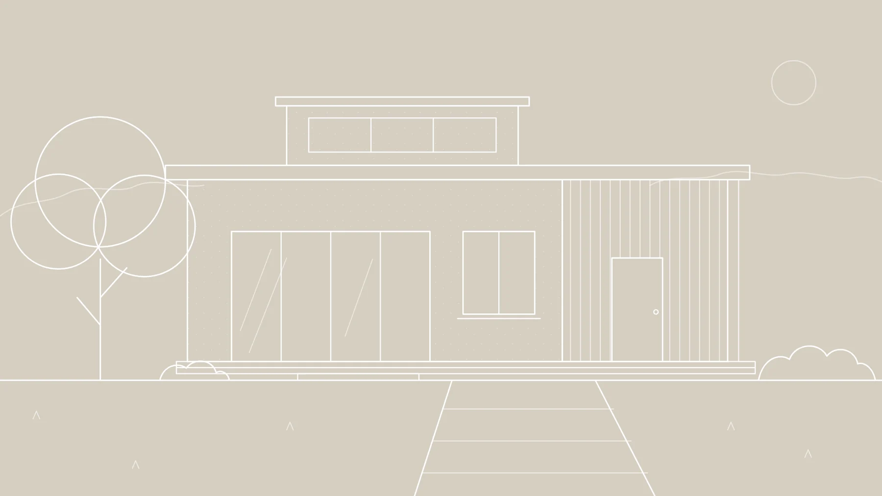 The whole property after the restoration: house, studio, deck and driveway